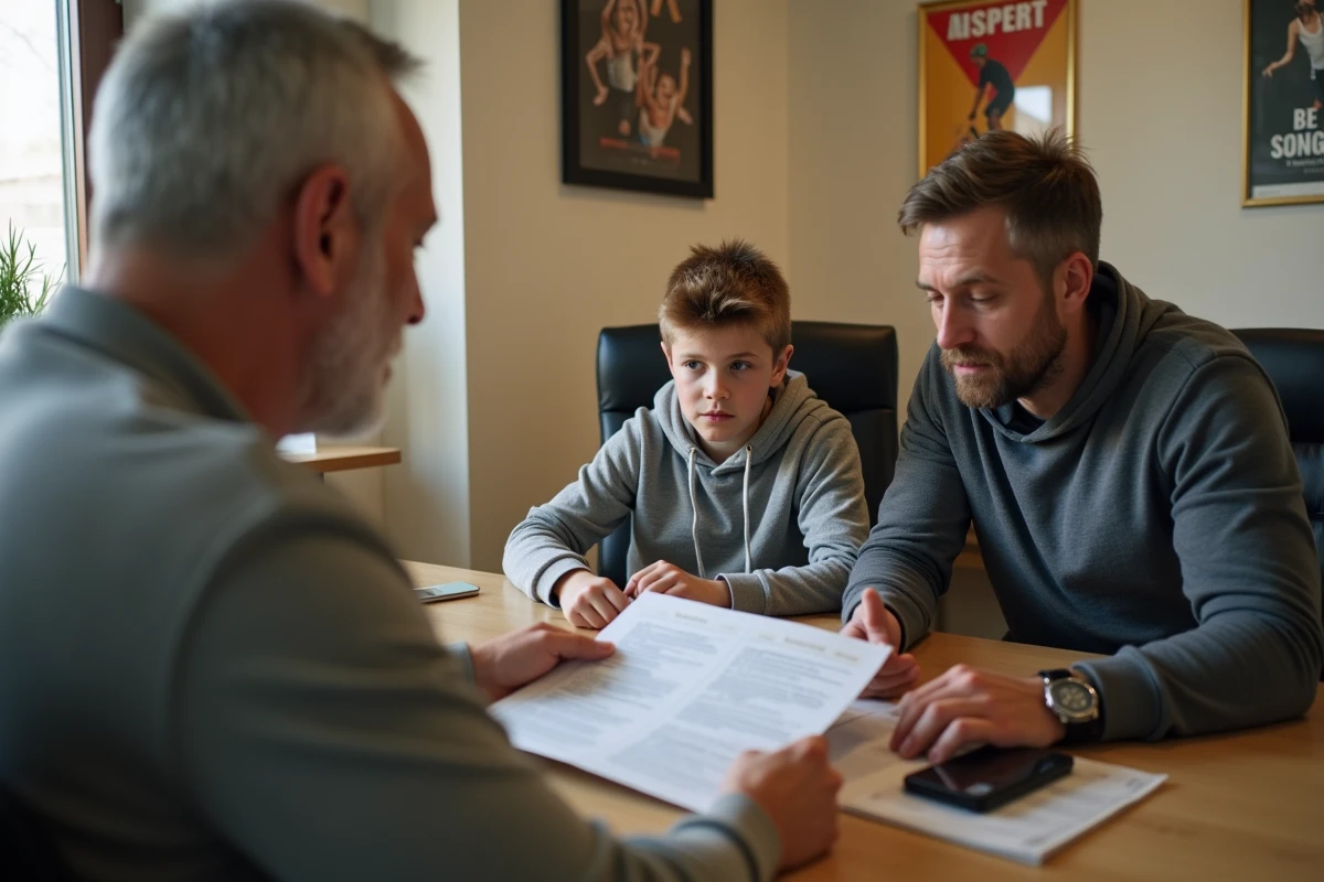 Parents et adolescent en réunion avec le responsable d'une salle de sport pour l'inscription d'un mineur