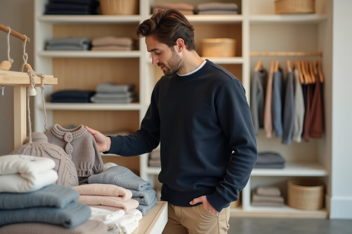 Père choisissant des vêtements originaux pour bébé dans une boutique de mode enfantine bio