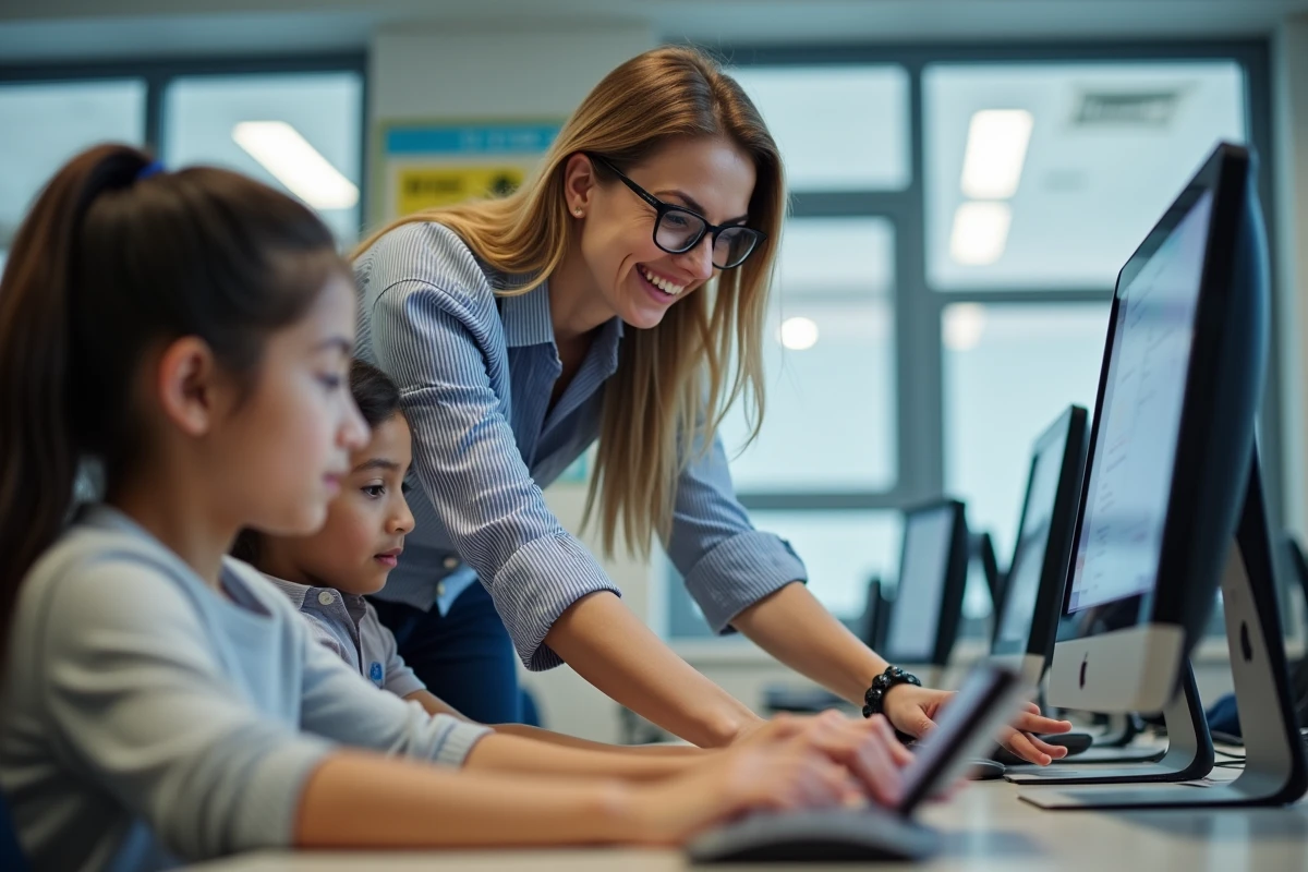 Professeure aidant un élève à préparer la certification Pix sur une tablette en salle informatique