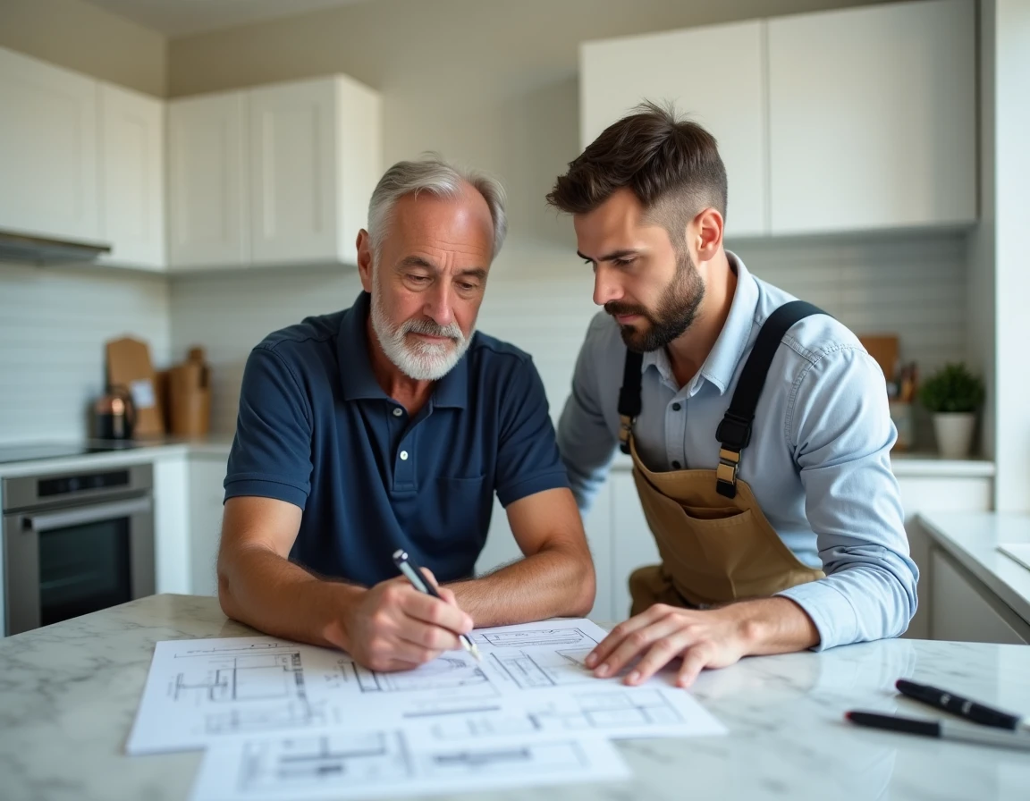 Propriétaire et entrepreneur discutant d'un devis de rénovation immobilière autour d'une table de cuisine moderne