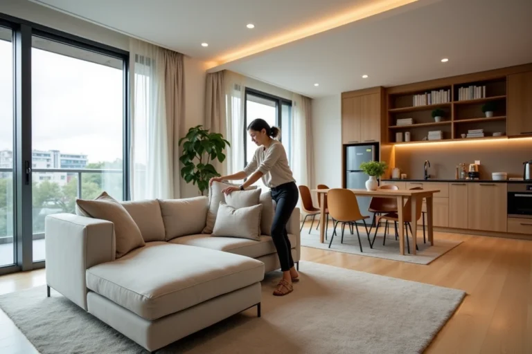 Salon moderne d'un T3 avec canapé modulable et vue urbaine