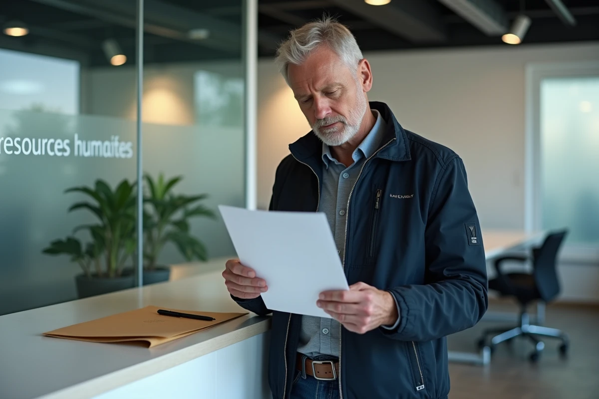 Homme lisant un formulaire de signalement anonyme dans un espace de travail moderne avec enveloppe scellée