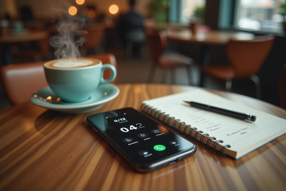 Gros plan sur un smartphone affichant l'indicatif 04 12 posé sur une table de café avec un carnet de notes