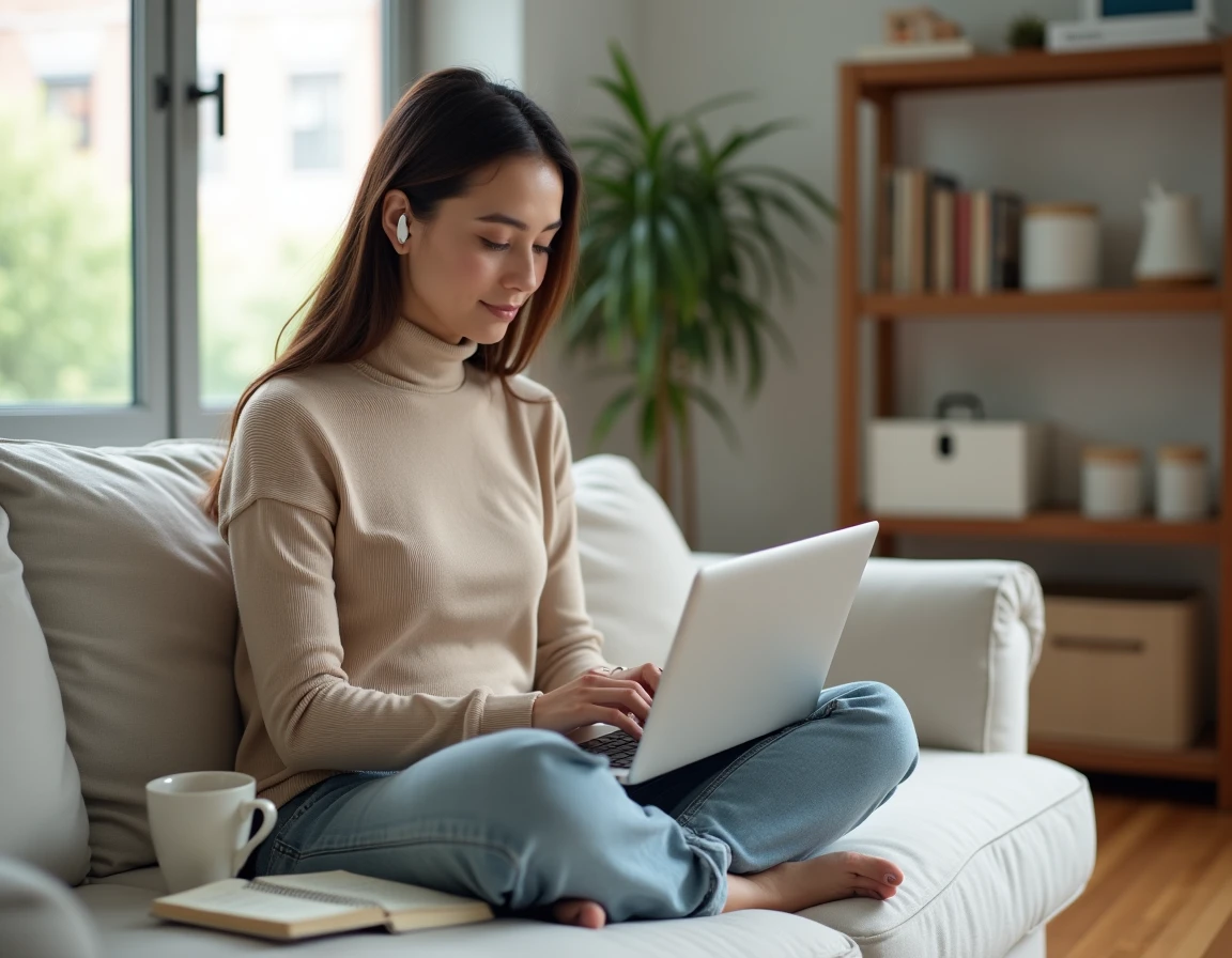 Jeune femme en télétravail utilisant un éditeur de documents en ligne sur laptop dans un bureau à domicile minimaliste