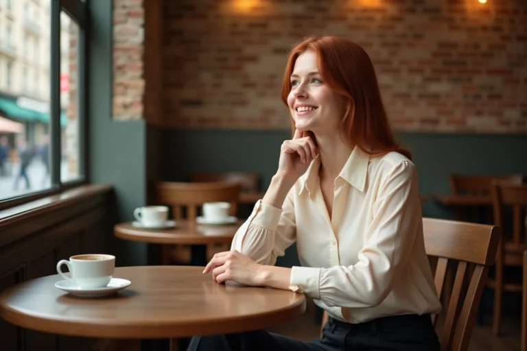 Jeune actrice aux cheveux auburn souriante dans un café parisien romantique, illustrant la vie amoureuse de Sophie Skelton