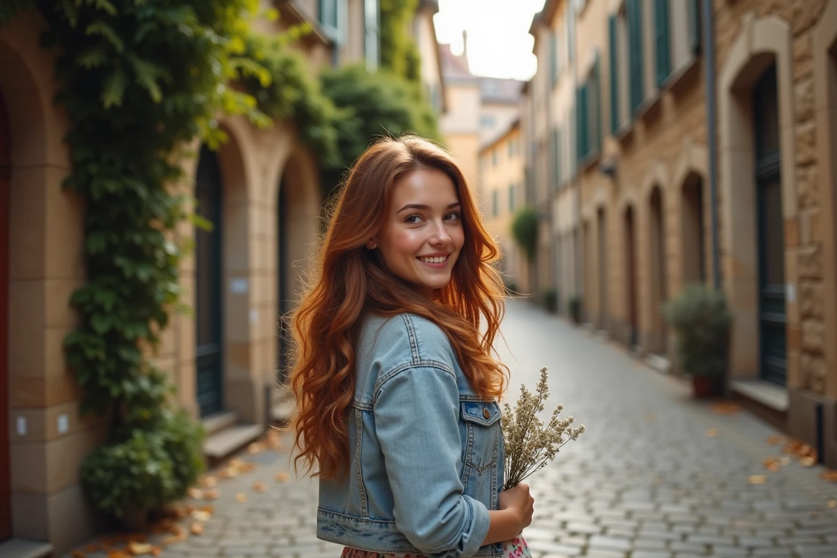 Femme aux cheveux auburn en robe fleurie marchant sur des pavés européens, évoquant la romance et la vie sentimentale de Sophie Skelton