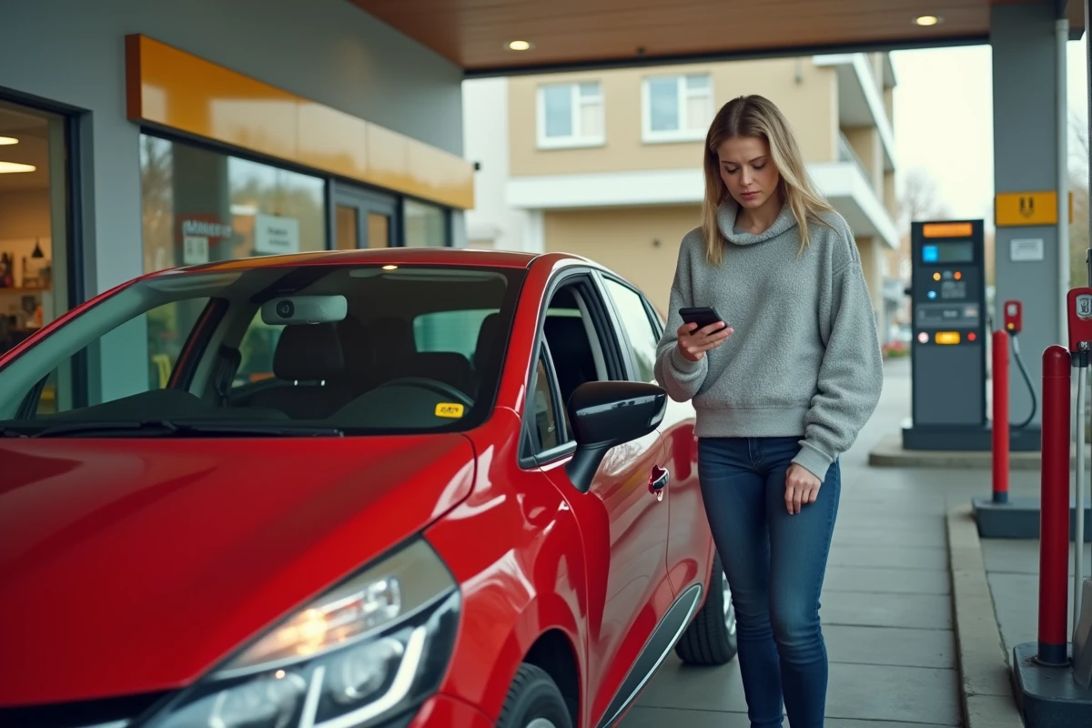 Femme inquiète observant un voyant moteur allumé sur le tableau de bord de sa Renault Clio 4 à une station-service